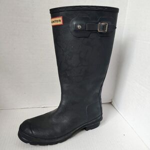 RARE Hunter Matte Dark Navy Leopard Print Faux Shearling Lined Tall Boots Sz 37